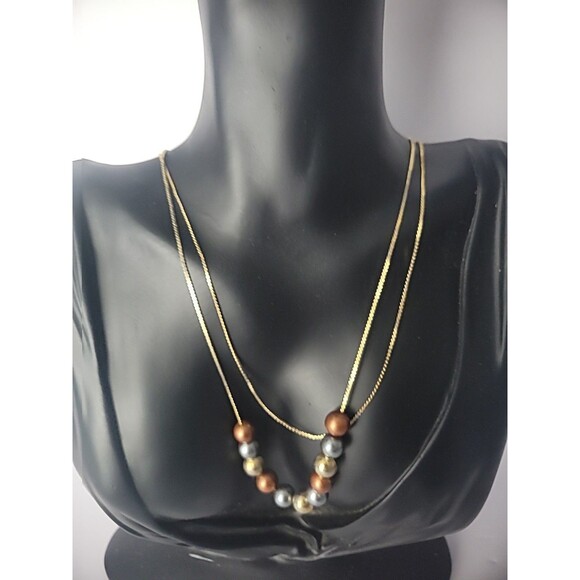 Vintage Gold Tone Multi Strand Chain Necklace Beaded Jewelry Costume - Picture 1 of 10